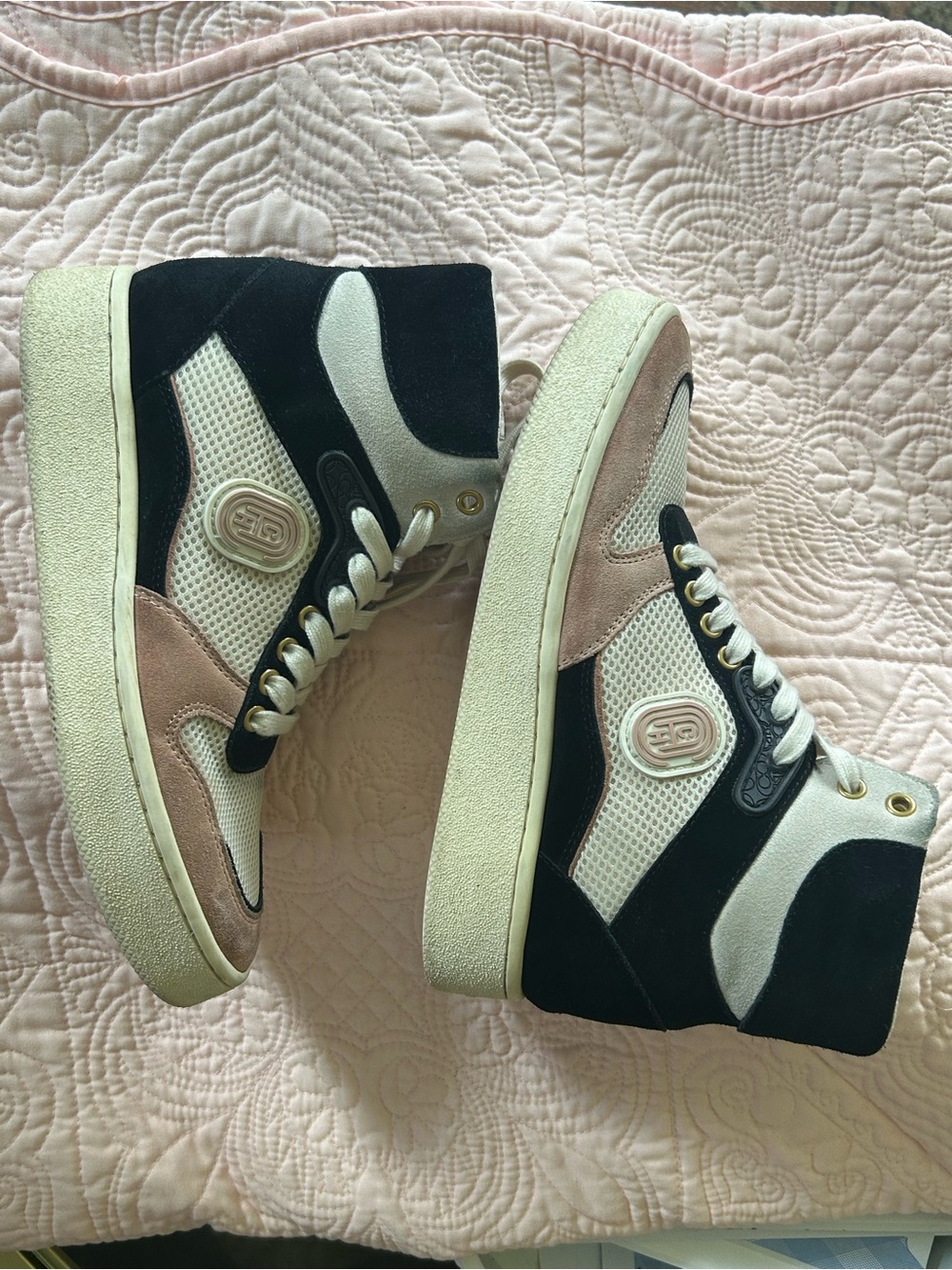 Coach C220 High-Top Sneakers in Black, White & Blush